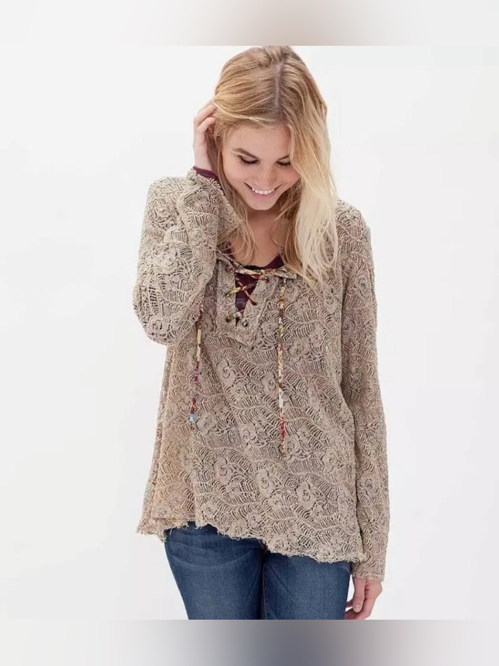 Gimmicks by BKE Tan Lace Blouse